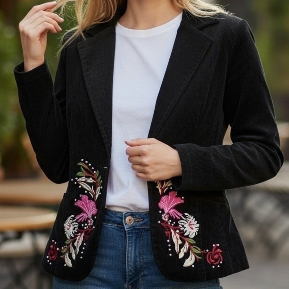 B.B. Jeans Womens Black‎ Corduroy Floral Embroidered Rhinestone Blazer Jacket S